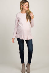 Light Pink Pinstriped Raw Cut Ruffle Trim Maternity Top