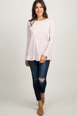 Light Pink Pinstriped Raw Cut Ruffle Trim Top