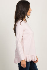 Light Pink Pinstriped Raw Cut Ruffle Trim Top