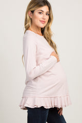 Light Pink Pinstriped Raw Cut Ruffle Trim Maternity Top