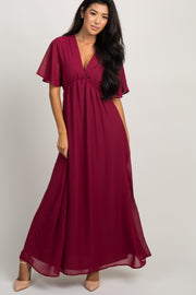 Burgundy Chiffon Bell Sleeve Maxi Dress