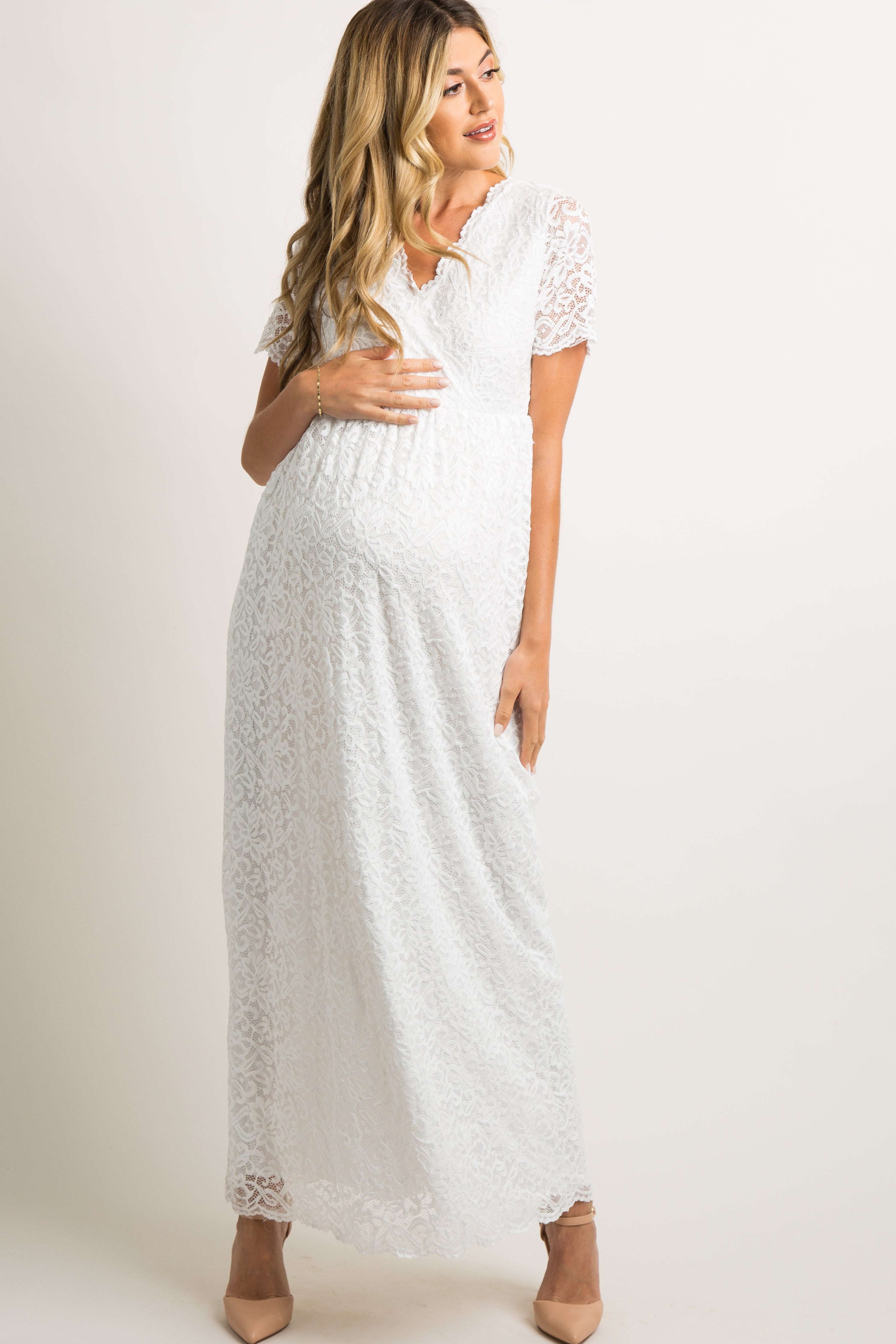 PinkBlush White Lace Overlay Wrap Maternity Maxi Dress