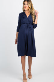 Navy Blue Twist Front 3/4 Sleeve Maternity Dress