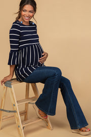 PinkBlush Navy Striped Peplum Ruffle Maternity Top