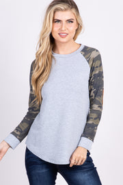 PinkBlush Grey Camo Colorblock Top