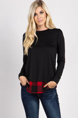 PinkBlush Black Solid Plaid Accent Long Sleeve Maternity Top