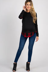 PinkBlush Black Solid Plaid Accent Long Sleeve Maternity Top