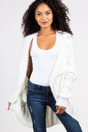 White Fuzzy Ribbed Knit Draped Cardigan