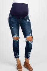 Navy Distressed Raw Cut Maternity Skinny Jeans