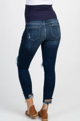 Navy Distressed Raw Cut Maternity Skinny Jeans