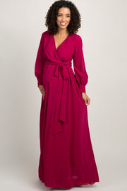 Fuchsia Chiffon Long Sleeve Pleated Maternity Maxi Dress