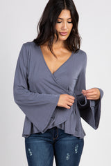 Grey Ruffle Accent Bell Sleeve Wrap Top