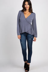 Grey Ruffle Accent Bell Sleeve Wrap Top