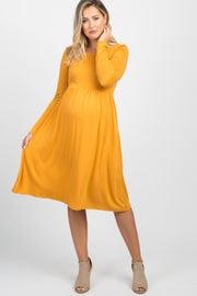 Yellow Solid Long Sleeve Maternity Dress