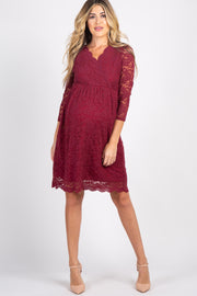 PinkBlush Burgundy Lace Overlay Maternity Wrap Dress