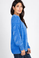 Blue Chenille Knit V-Neck Sweater