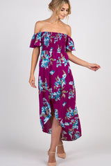 Purple Floral Off Shoulder Smocked Wrap Maternity Dress