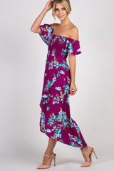 Purple Floral Off Shoulder Smocked Wrap Dress