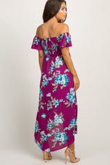 Purple Floral Off Shoulder Smocked Wrap Maternity Dress