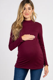 Burgundy Solid Long Sleeve Mock Neck Maternity Top