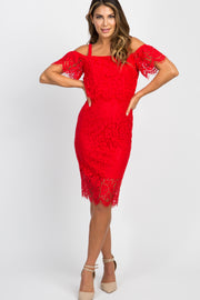 Red Lace Cold Shoulder Midi Dress