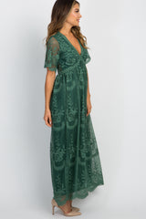 Teal Green Lace Mesh Overlay Maxi Dress