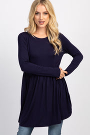 PinkBlush Navy Solid Long Sleeve Peplum Top