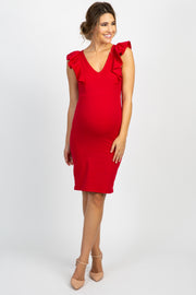 PinkBlush Red Ruffle Sleeveless Maternity Fitted Dress