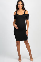 PinkBlush Black Solid Cold Shoulder Maternity Fitted Dress