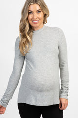 Grey Ribbed Mock Neck Long Sleeve Maternity Top