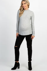 Grey Ribbed Mock Neck Long Sleeve Maternity Top