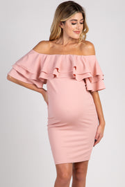 PinkBlush Mauve Layered Ruffle Off Shoulder Fitted Maternity Dress