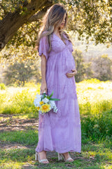 PinkBlush Lavender Lace Mesh Overlay Maternity Maxi Dress