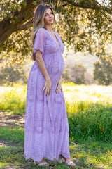 PinkBlush Lavender Lace Mesh Overlay Maternity Maxi Dress