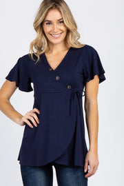 PinkBlush Navy Blue Short Sleeve Button Accent Wrap Nursing Top