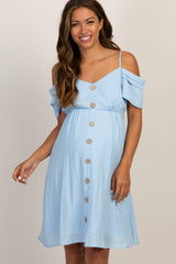 PinkBlush Light Blue Button Accent Open Shoulder Maternity Dress