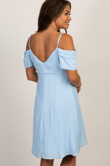 PinkBlush Light Blue Button Accent Open Shoulder Maternity Dress