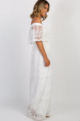 White Lace Mesh Overlay Off Shoulder Maxi Dress