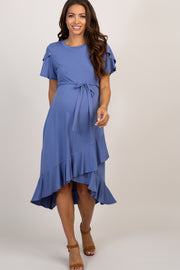 PinkBlush Blue Ruffle Trim Hi-Low Wrap Maternity Dress