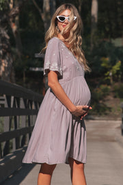 Grey Embroidered Short Sleeve Peplum Maternity Dress