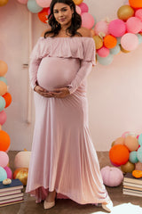 PinkBlush Mauve Off Shoulder Ruffle Maternity Plus Photoshoot Gown/Dress