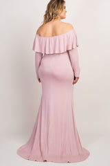 PinkBlush Mauve Off Shoulder Ruffle Maternity Plus Photoshoot Gown/Dress