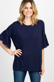 Navy Solid Ruffle Sleeve Top