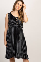 Black Striped Sleeveless Button Front Waist Tie Maternity Dress