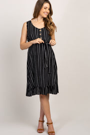 Black Striped Sleeveless Button Front Waist Tie Maternity Dress