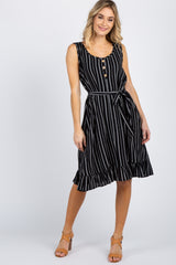 Black Striped Sleeveless Button Front Waist Tie Maternity Dress