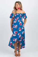 Blue Floral Smocked Off Shoulder Maternity Dress