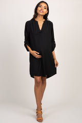 Black Solid V-Neck 3/4 Sleeve Maternity Dress