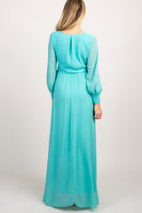 Mint Green Chiffon Long Sleeve Pleated Maternity Maxi Dress