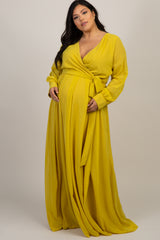 Yellow Chiffon Long Sleeve Plus Maternity Maxi Dress